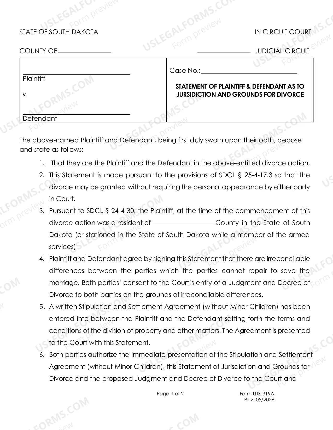 Preview Statement for Jurisdiction without Minor Children