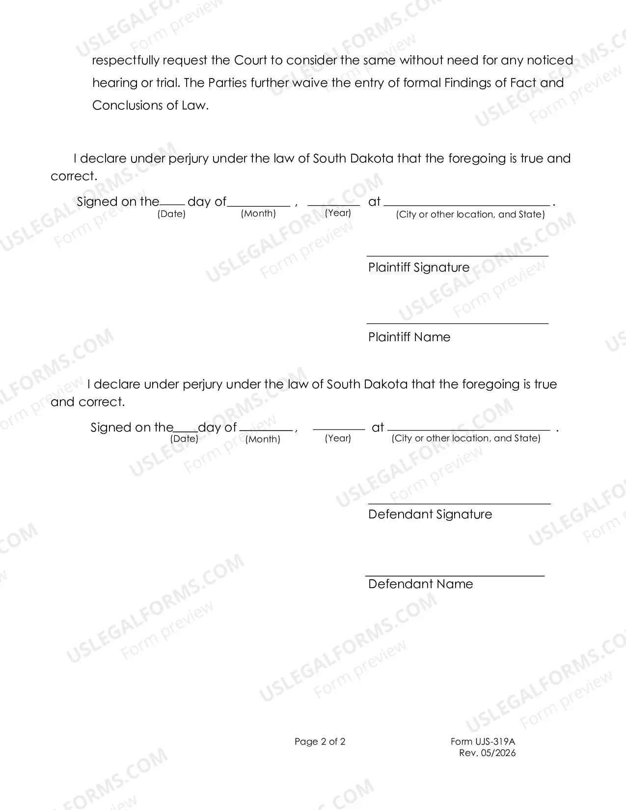 Preview Statement for Jurisdiction without Minor Children