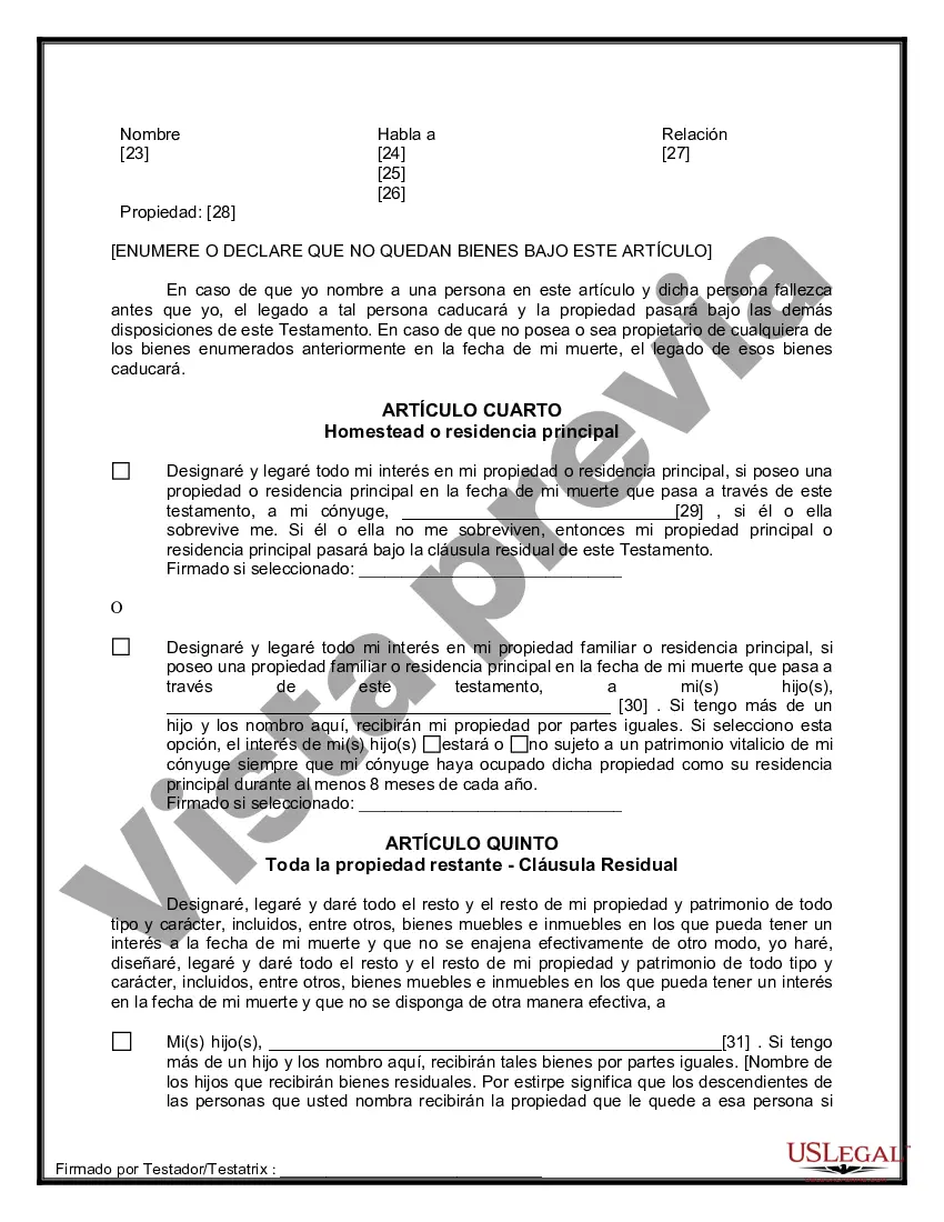 Preview Última voluntad y testamento legal para persona casada con hijos menores de edad de un matrimonio anterior