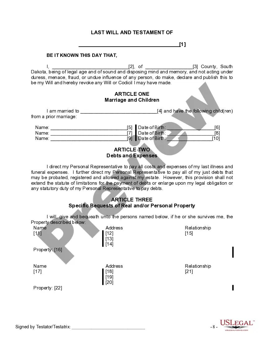 Preview Last Will and Testament for Married person with Minor Children from Prior Marriage