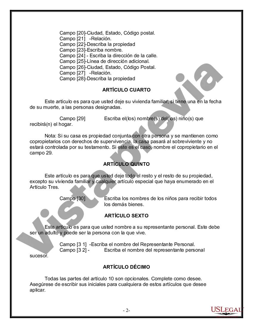 Preview Formulario de última voluntad y testamento legal para personas divorciadas que no se han vuelto a casar con hijos adultos