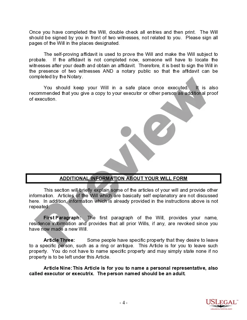 Preview Last Will and Testament for Divorced Person Not Remarried with Adult and Minor Children