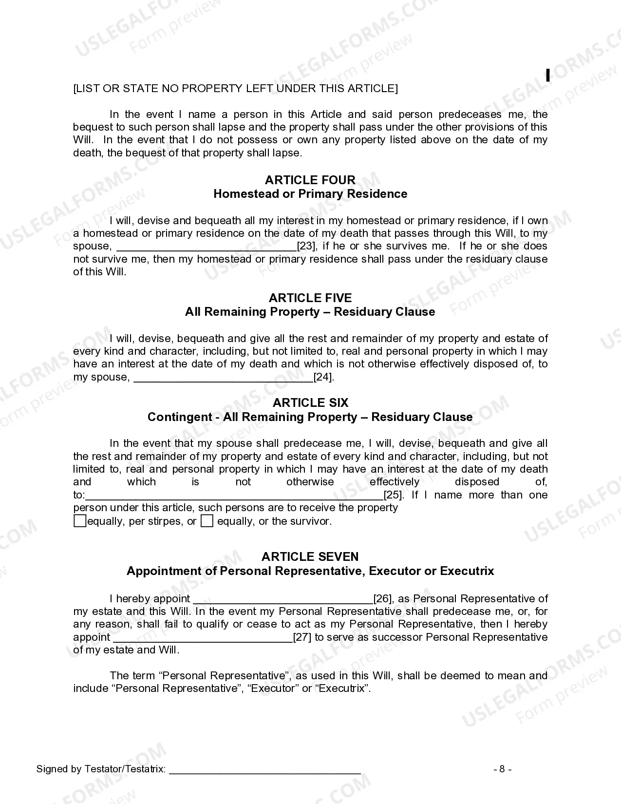 Preview Last Will and Testament for a Married Person with No Children