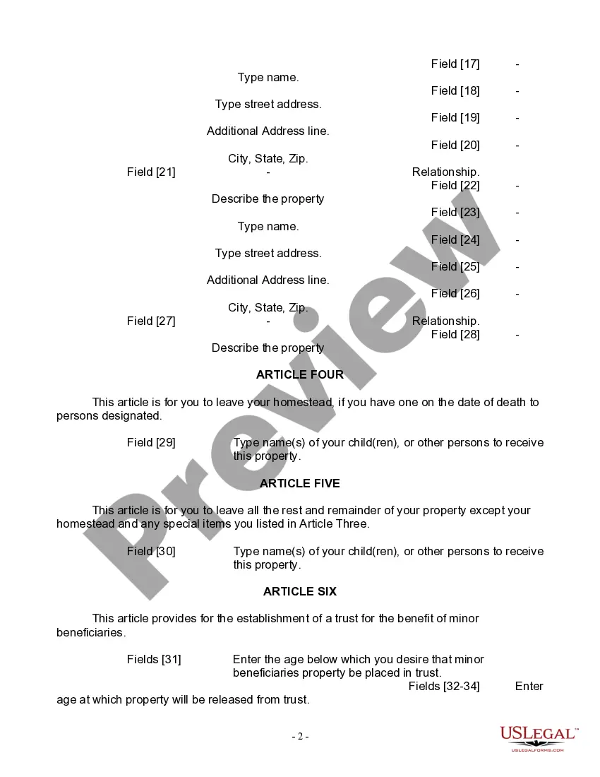 Preview Last Will and Testament for Widow or Widower with Minor Children