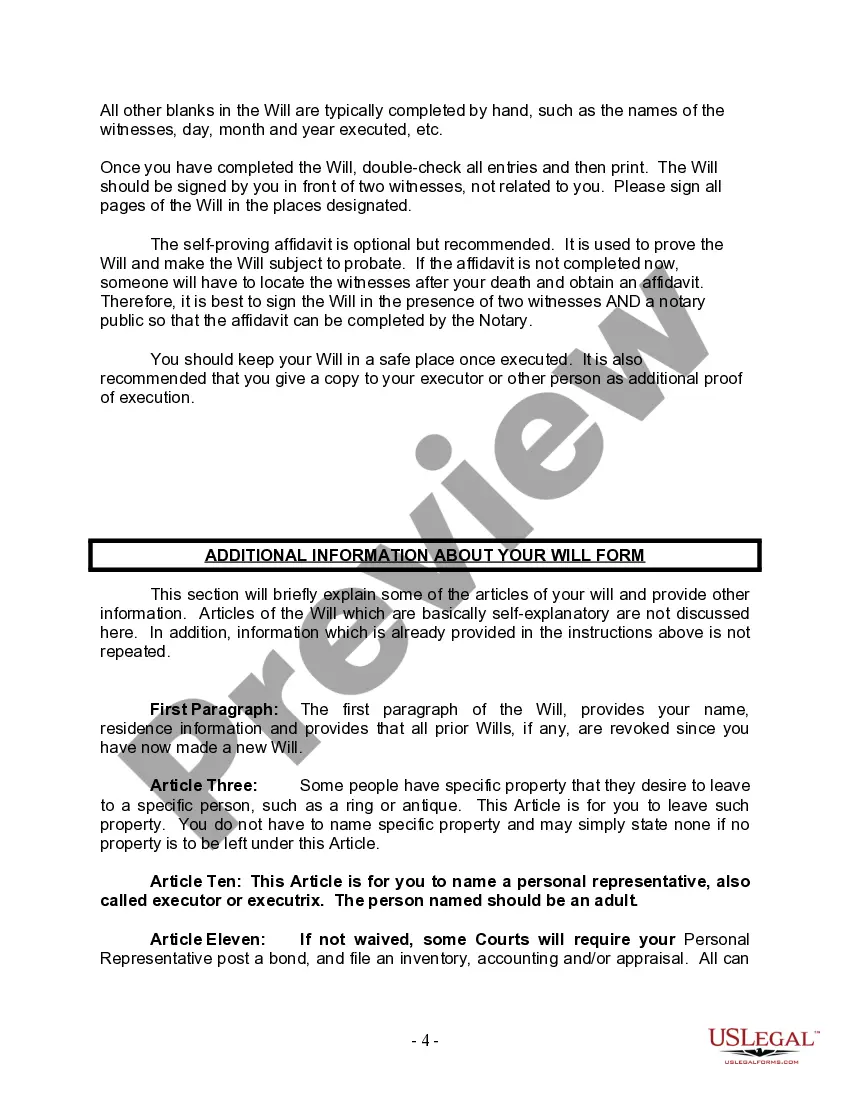 Preview Last Will and Testament for a Widow or Widower with Adult and Minor Children