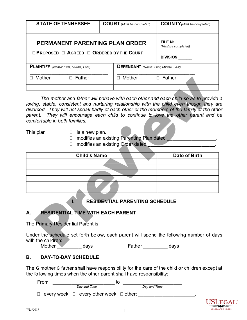 Tennessee Permanent Parenting Plan Order Parenting Plan Template