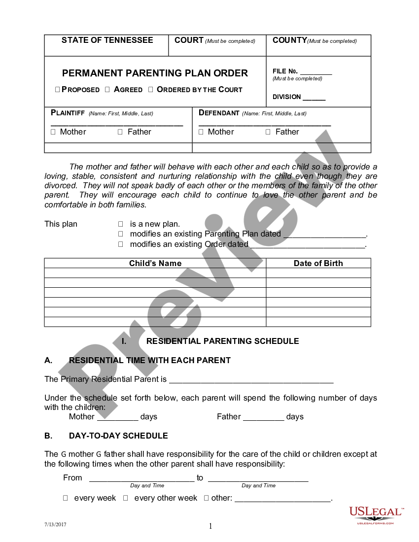 Tennessee Permanent Parenting Plan Order Parenting Plan Template 