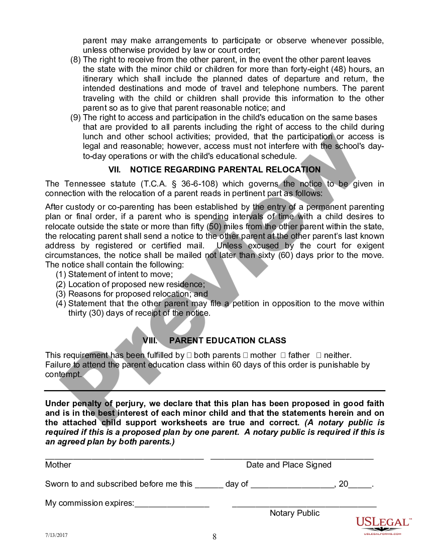 Tennessee Permanent Parenting Plan Order Parenting Plan Template   8 