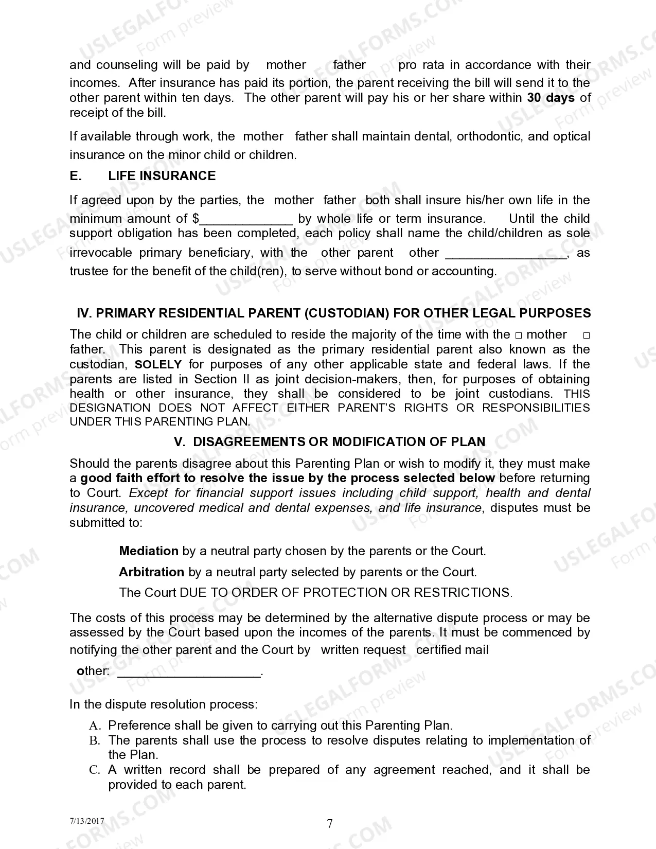 Preview Permanent Parenting Plan Order
