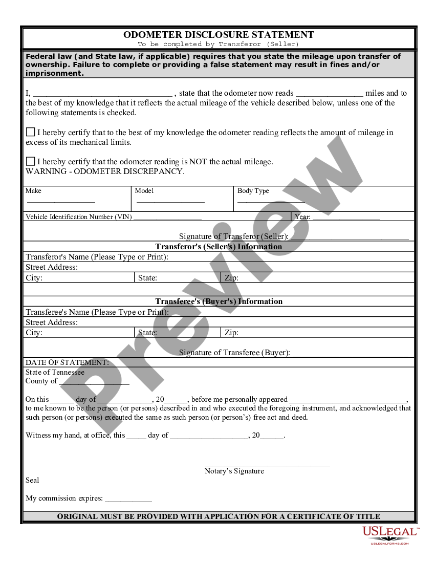 Odometer Disclosure Statement Tn | US Legal Forms