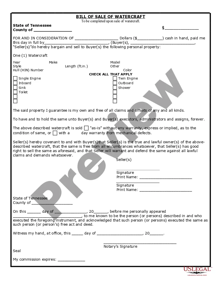Preview Bill of Sale for WaterCraft or Boat