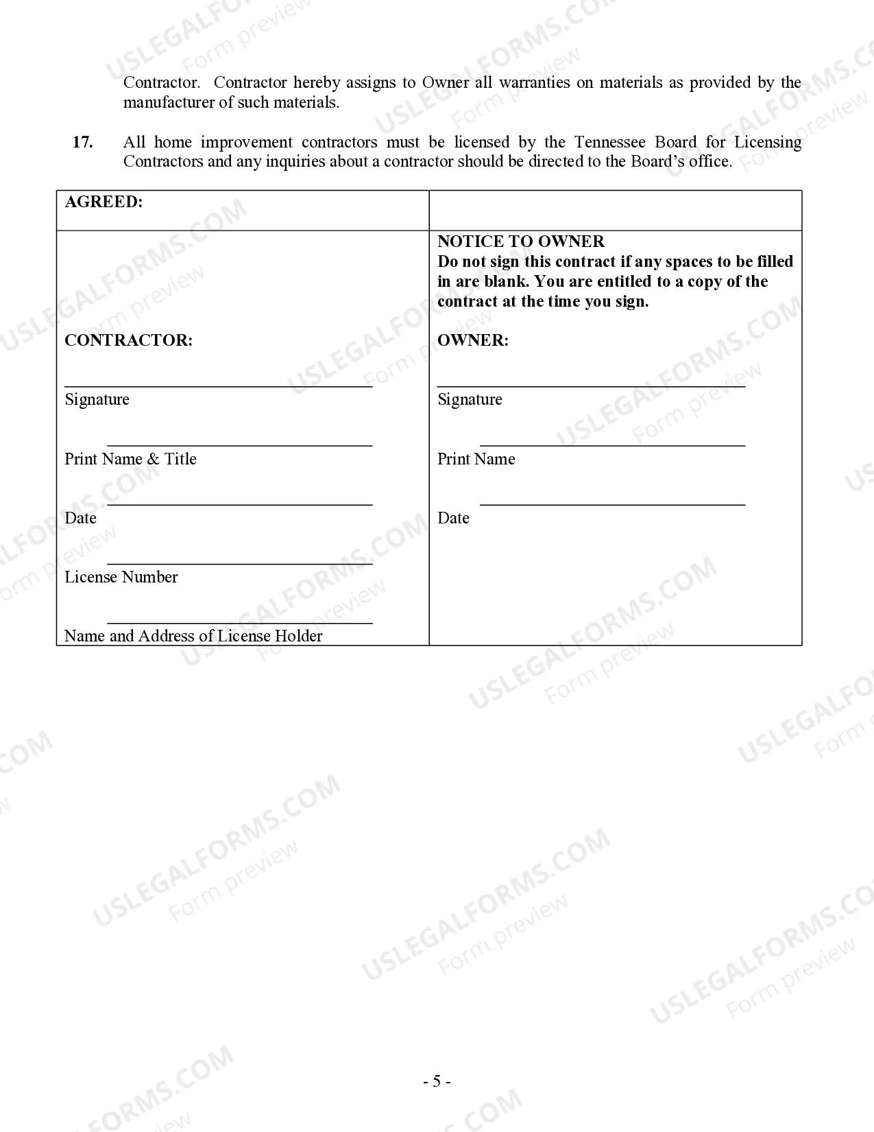 Preview Renovation Contract for Contractor