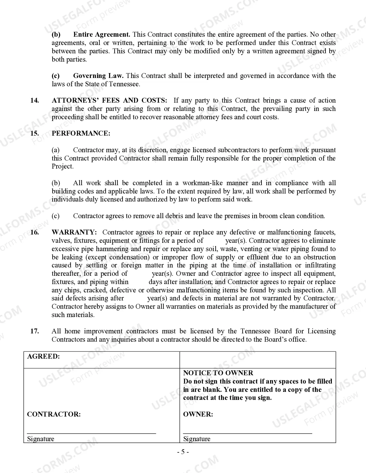 Preview Plumbing Contract for Contractor