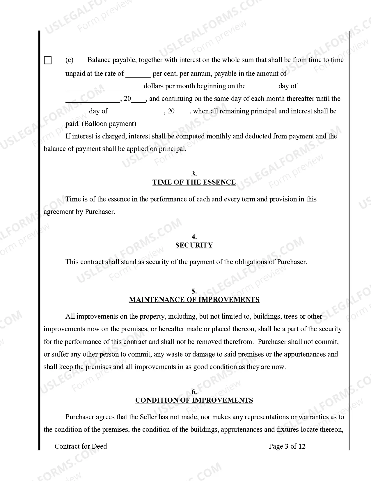 Preview Agreement or Contract for Deed for Sale and Purchase of Real Estate a/k/a Land or Executory Contract