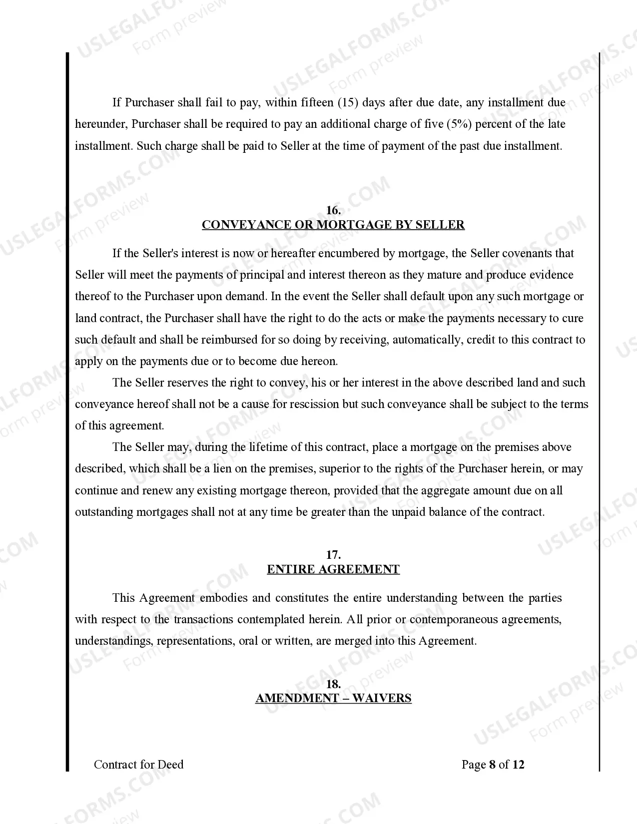 Preview Agreement or Contract for Deed for Sale and Purchase of Real Estate a/k/a Land or Executory Contract