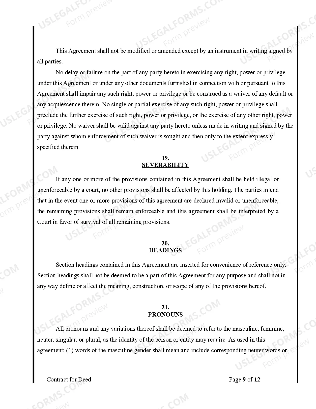 Preview Agreement or Contract for Deed for Sale and Purchase of Real Estate a/k/a Land or Executory Contract