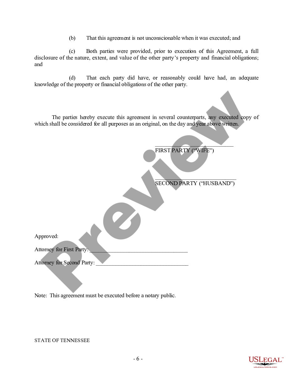 page 5 Tennessee Prenuptial Premarital Agreement without Financial Statements preview