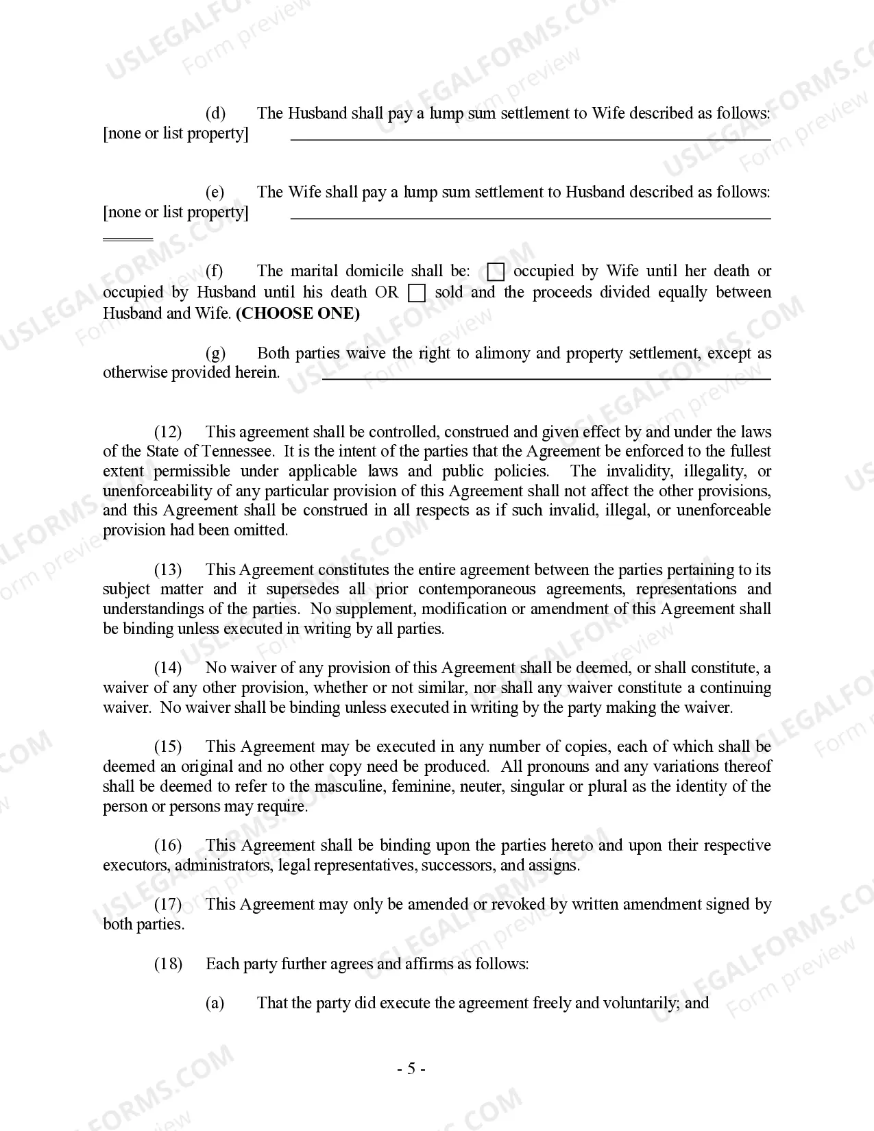 Preview Tennessee Prenuptial Premarital Agreement without Financial Statements