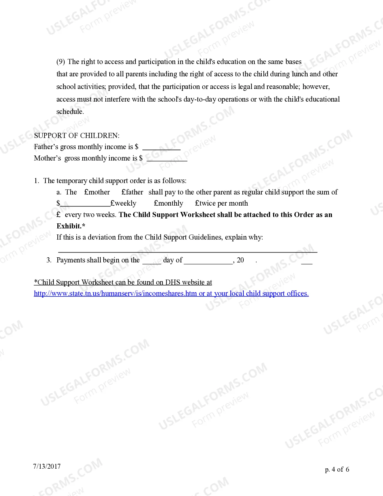 Preview Temporary Parenting Plan