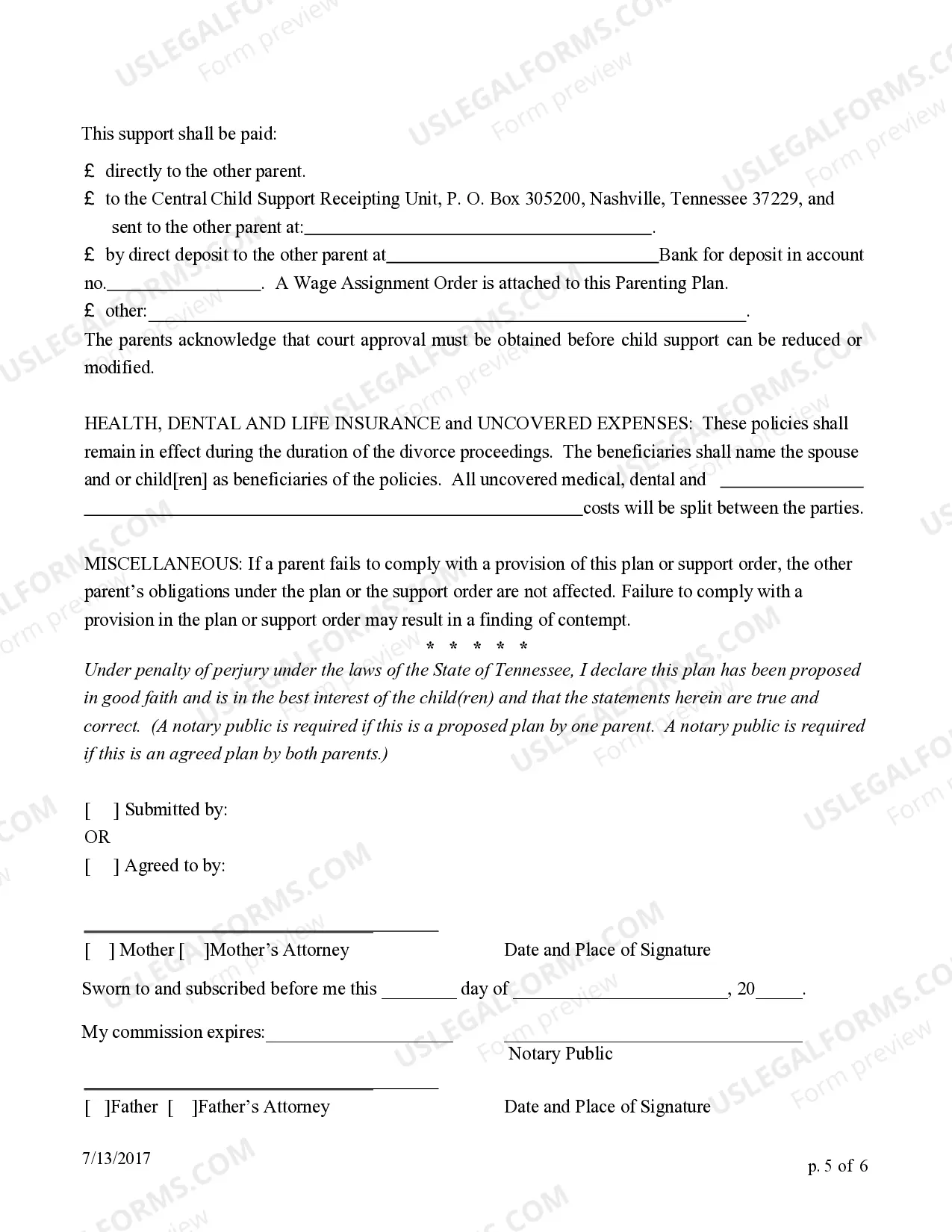 Preview Temporary Parenting Plan