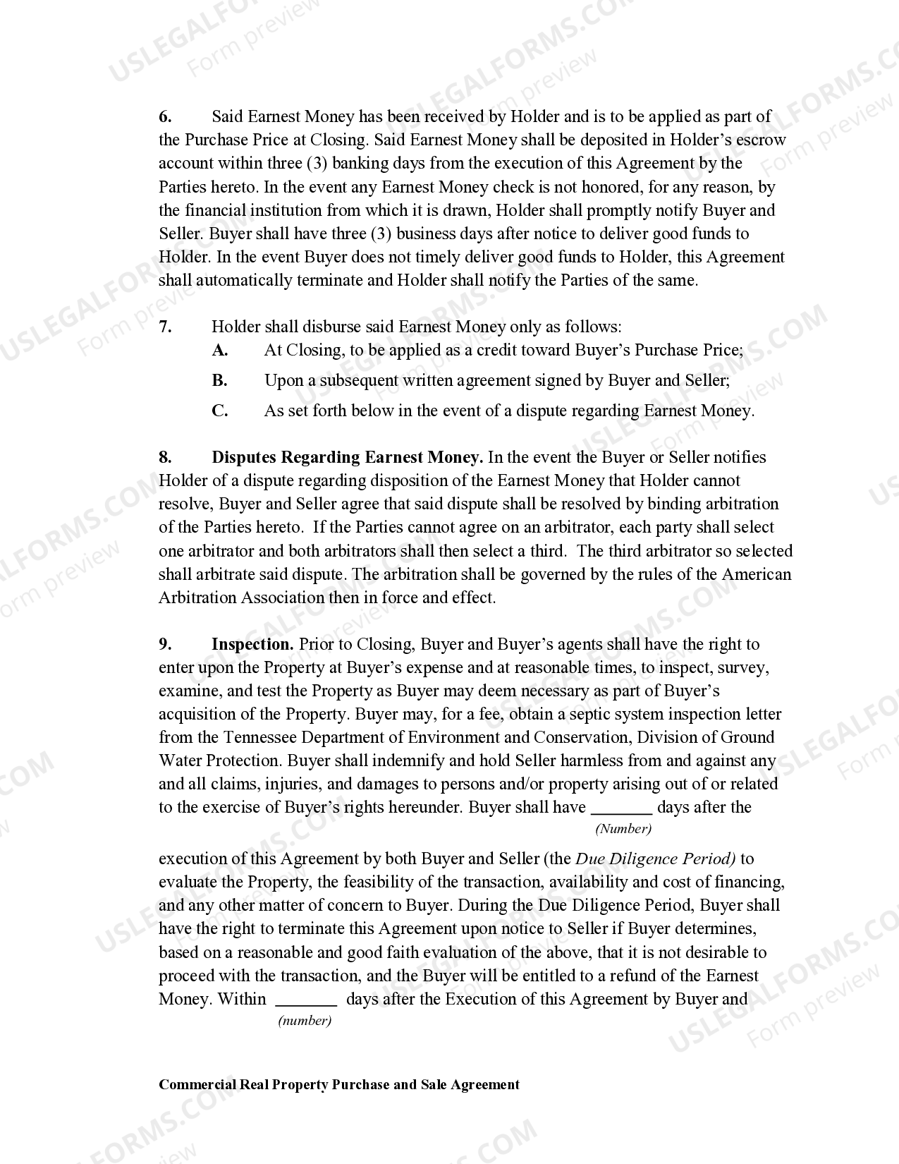 Tennessee Commercial Real Propety Purchase and Sale Agreement - Commercial  Property Purchase Agreement