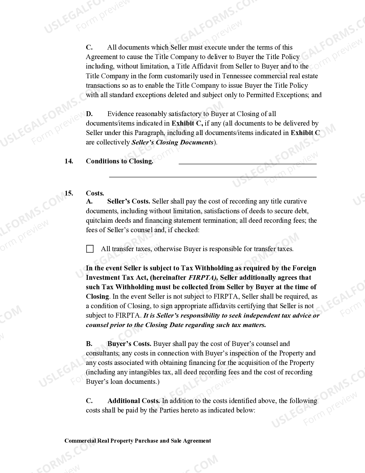 Tennessee Commercial Real Propety Purchase and Sale Agreement