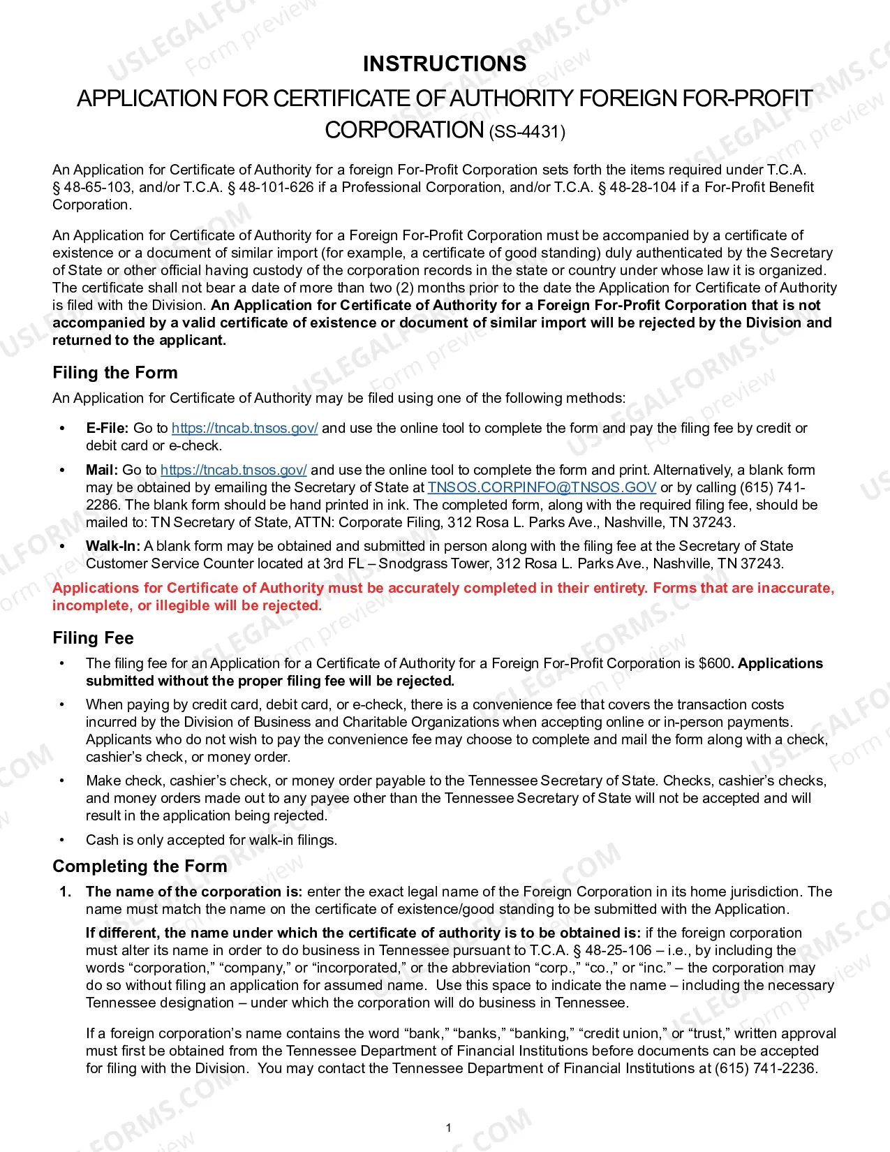 Preview Tennessee Registration of Foreign Corporation