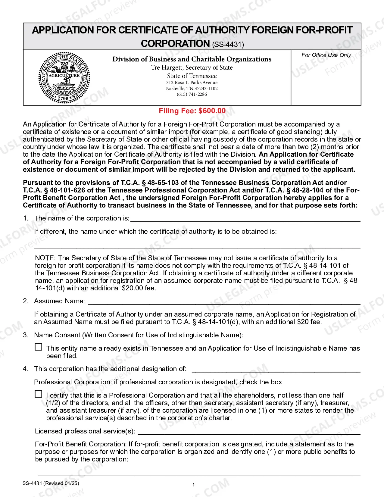 Preview Tennessee Registration of Foreign Corporation