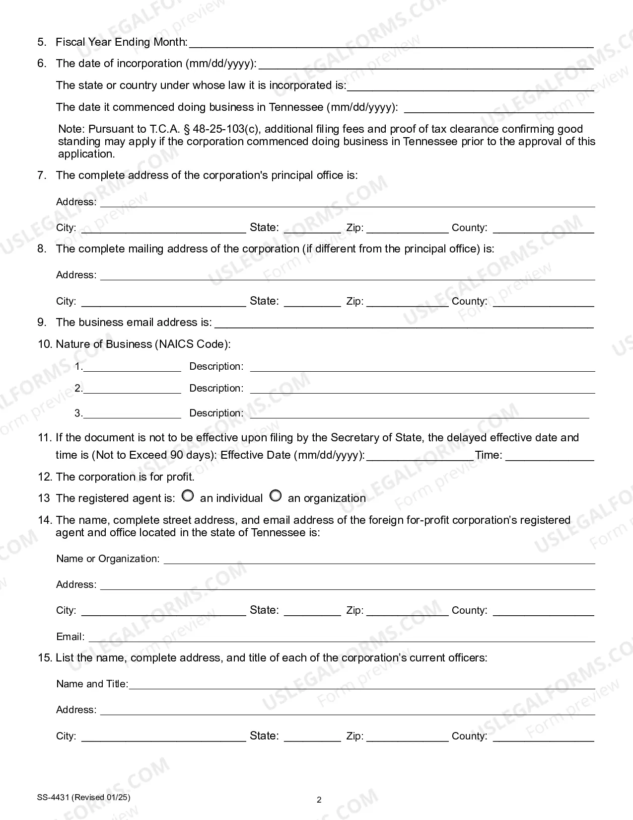 Preview Tennessee Registration of Foreign Corporation