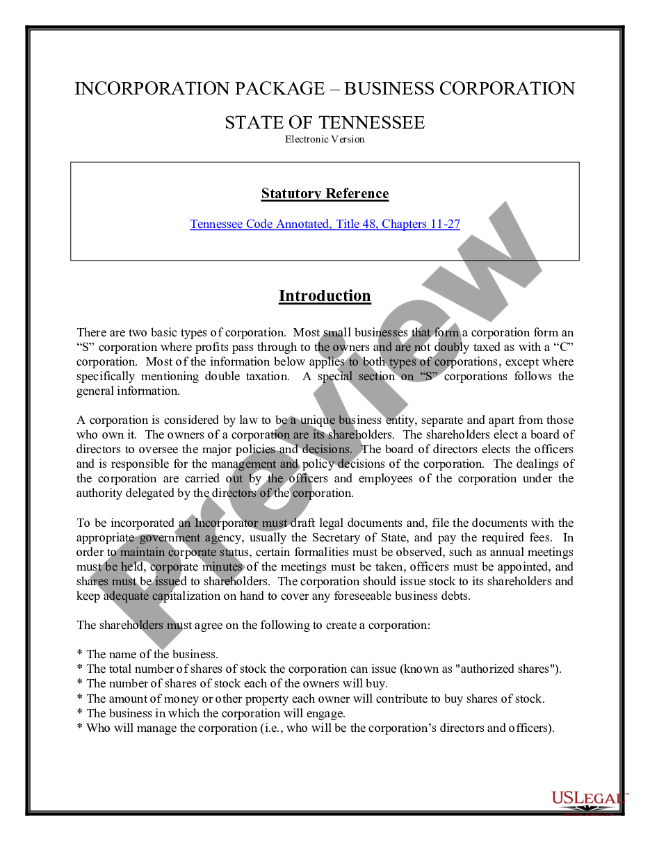 page 1 Tennessee Business Incorporation Package to Incorporate Corporation preview