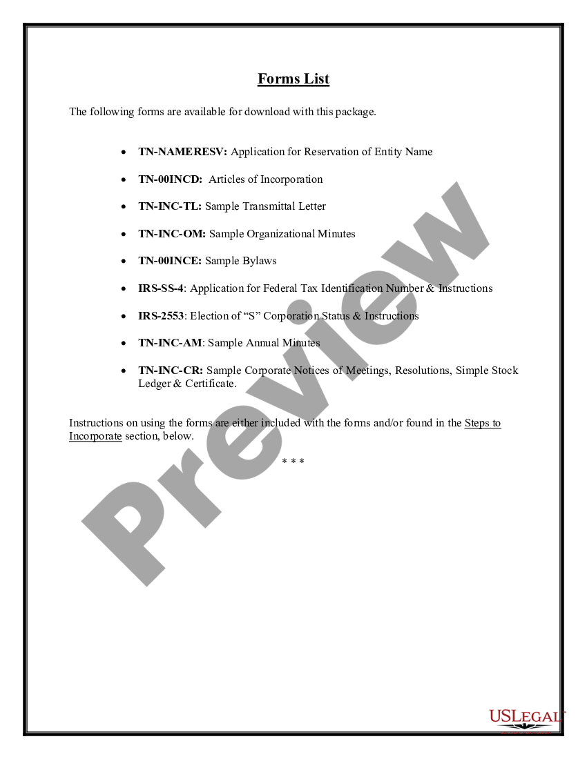 Articles Of Incorporation Tennessee For Profit  US Legal Forms