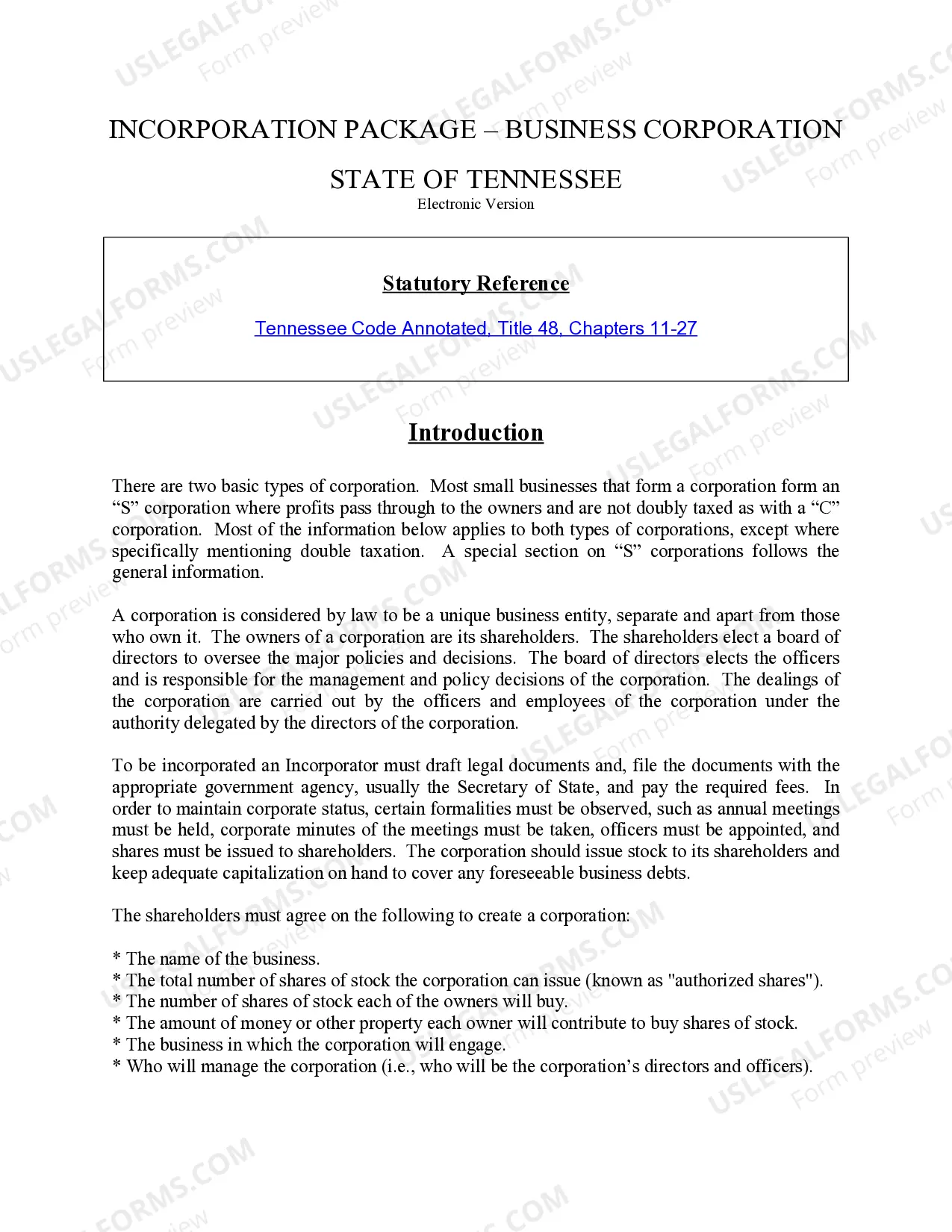 Preview Tennessee Business Incorporation Package to Incorporate Corporation