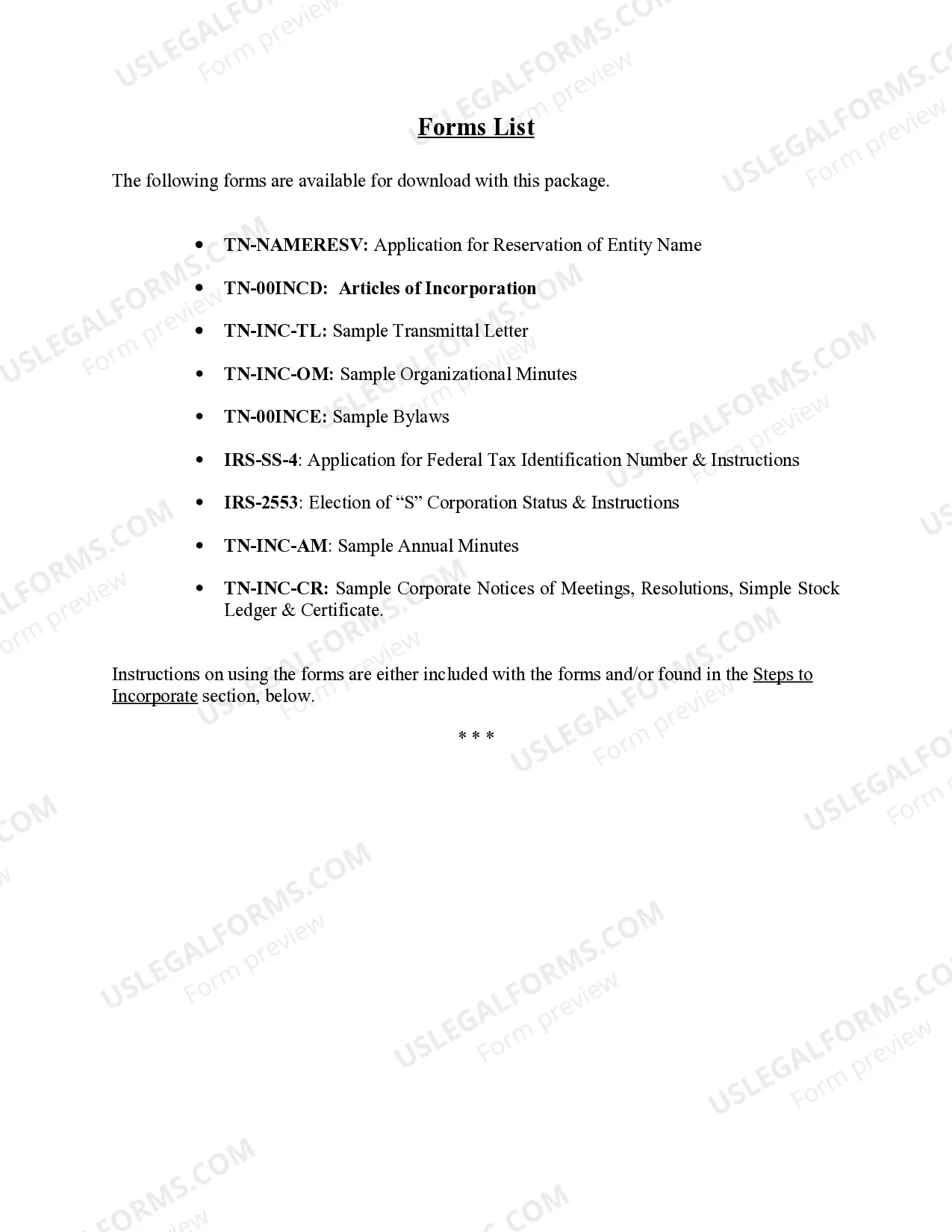 Preview Tennessee Business Incorporation Package to Incorporate Corporation