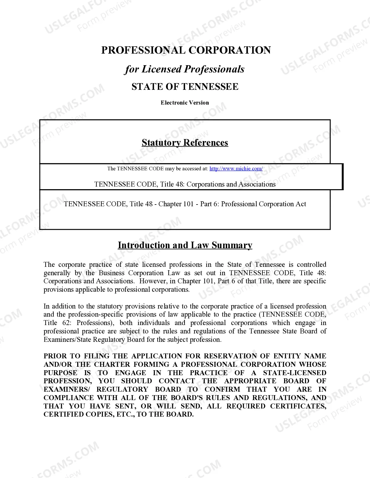 Preview Professional Corporation Package for Tennessee