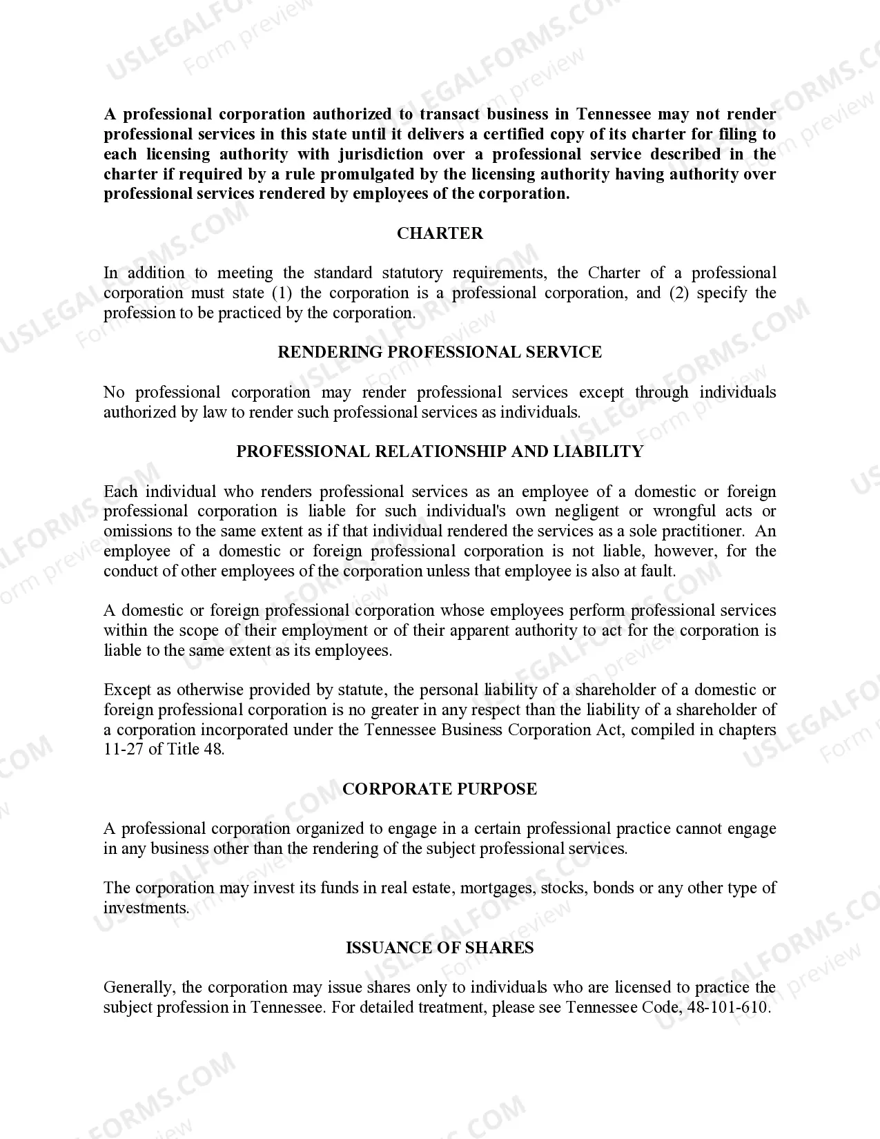 Preview Professional Corporation Package for Tennessee