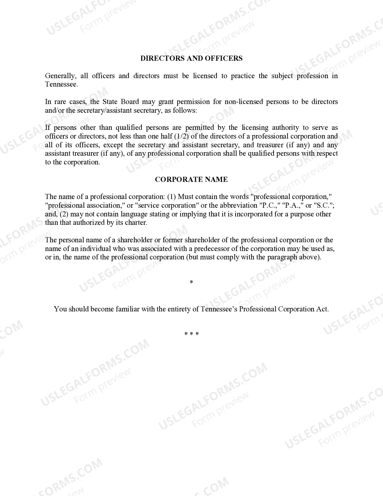 Preview Professional Corporation Package for Tennessee