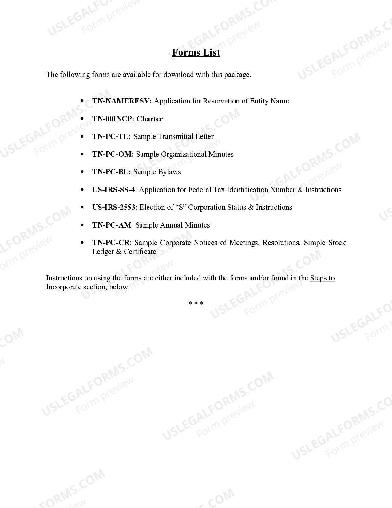 Preview Professional Corporation Package for Tennessee