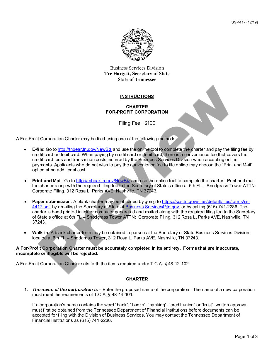 page 1 Tennessee Charter of Incorporation for Domestic For-Profit Corporation preview