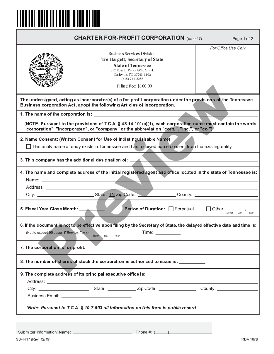 page 4 Tennessee Charter of Incorporation for Domestic For-Profit Corporation preview