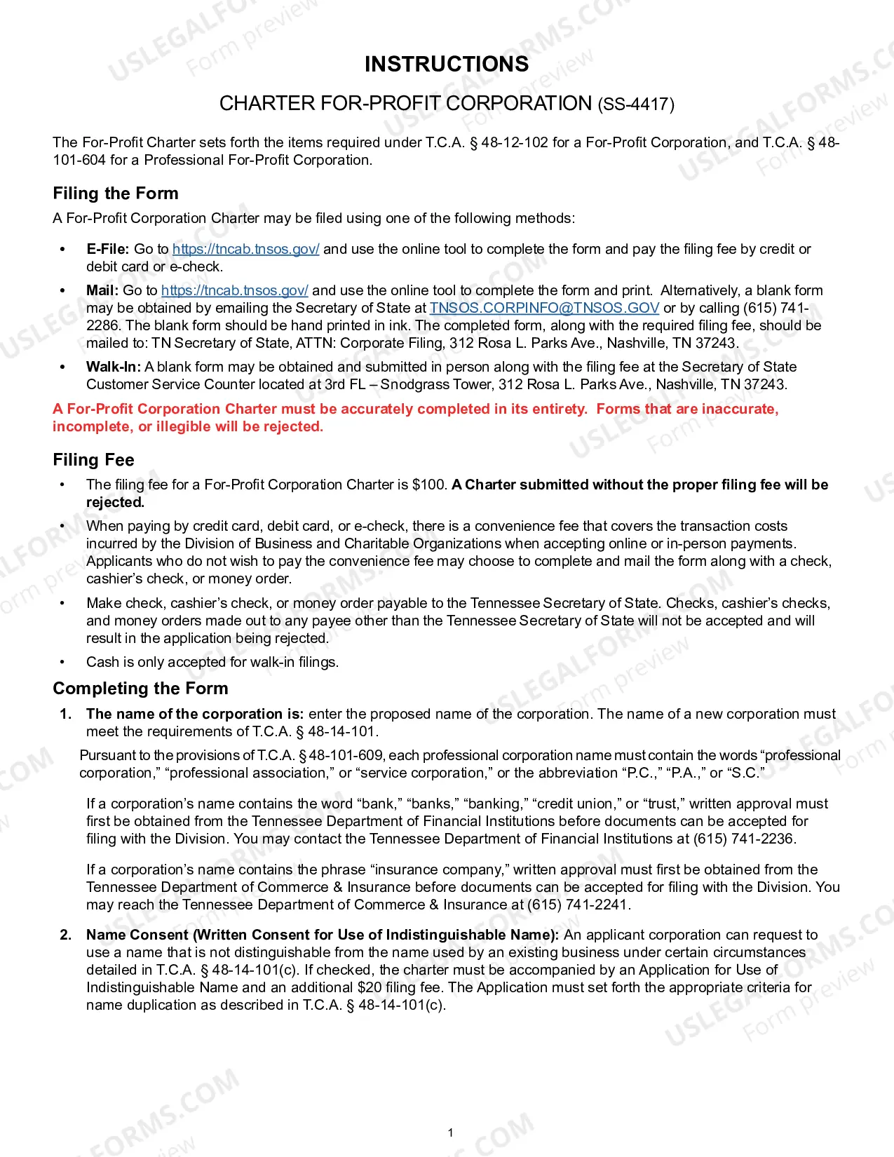 Preview Tennessee Charter of Incorporation for Domestic For-Profit Corporation