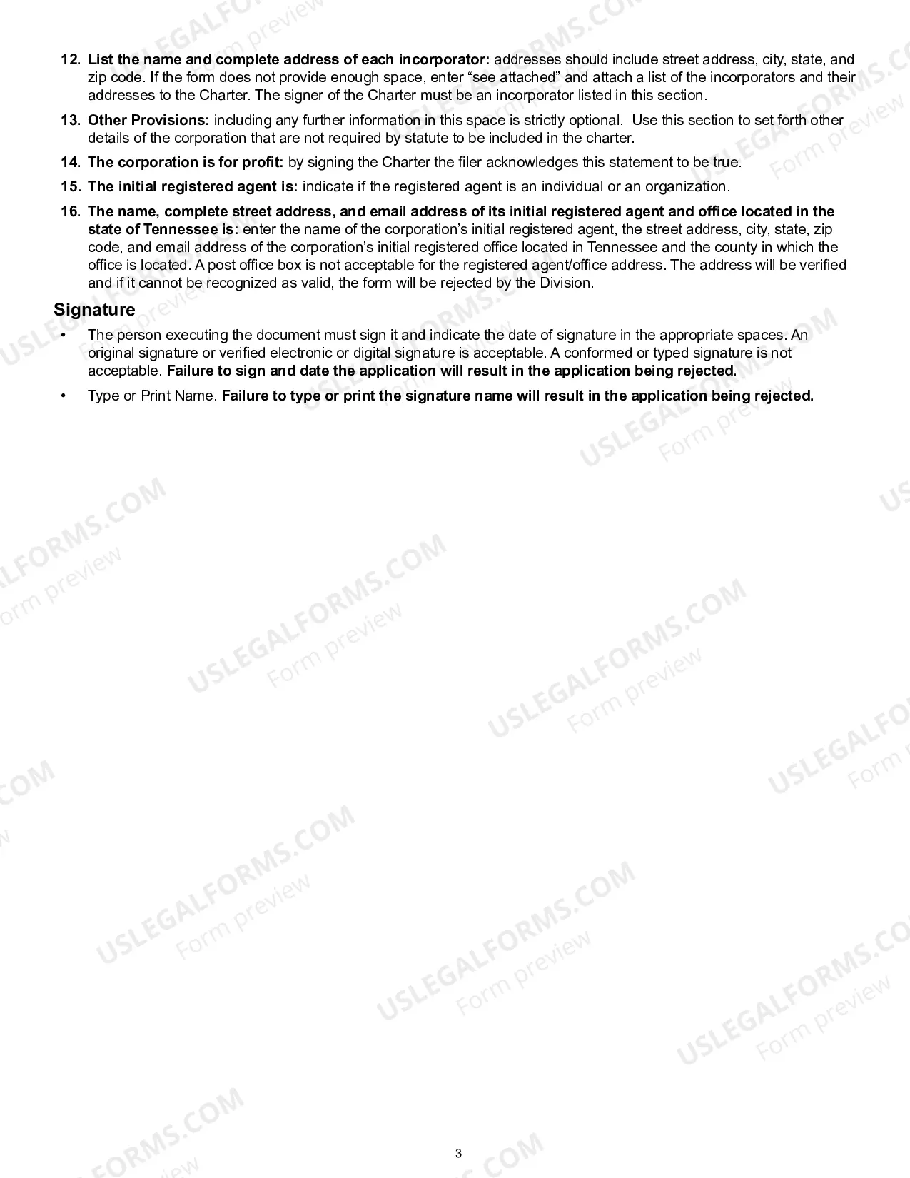Preview Tennessee Charter of Incorporation for Domestic For-Profit Corporation