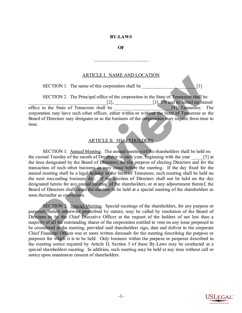 page 1 Tennessee Bylaws for Corporation preview