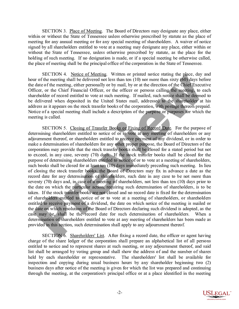 page 2 Tennessee Bylaws for Corporation preview