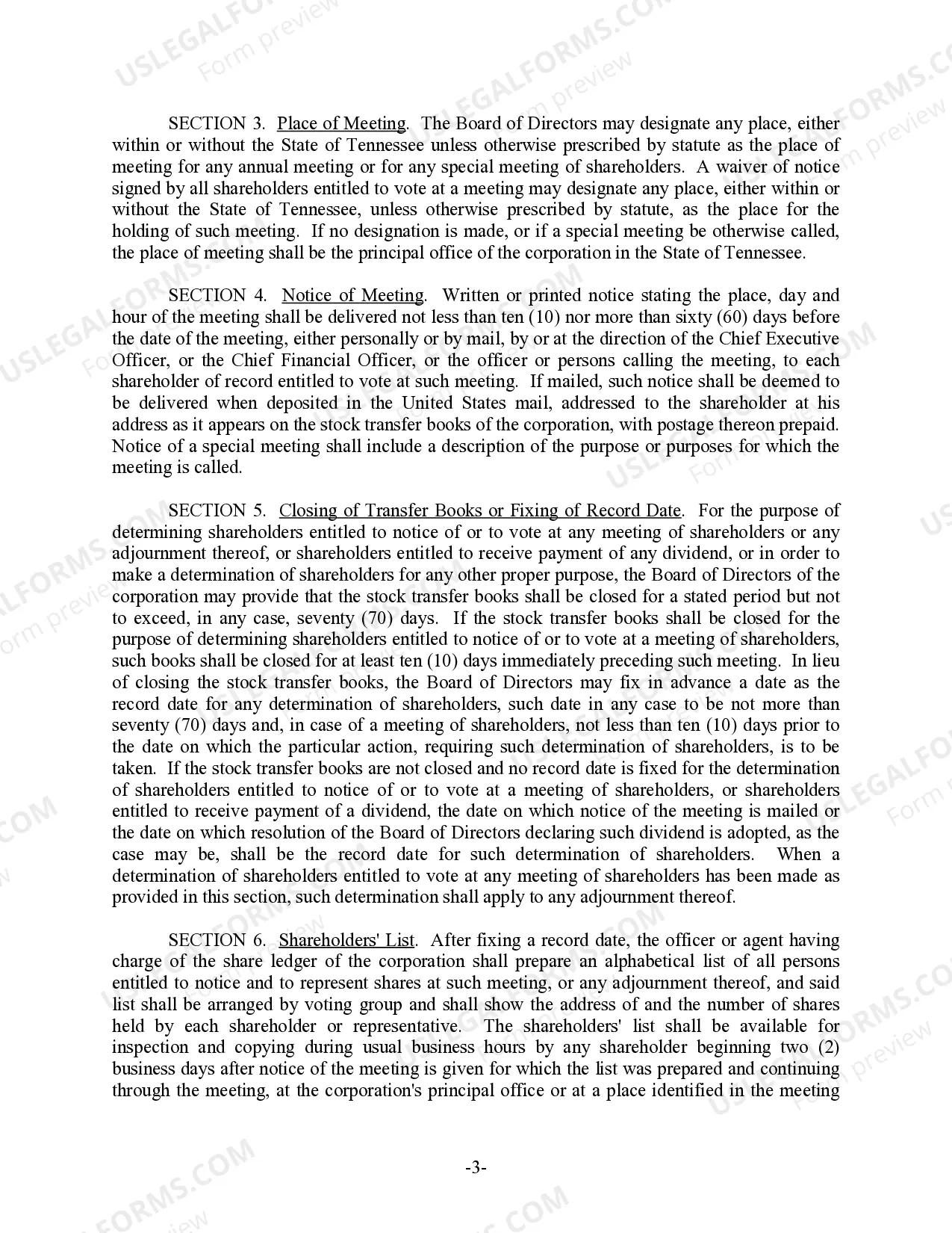 Preview Tennessee Bylaws for Corporation