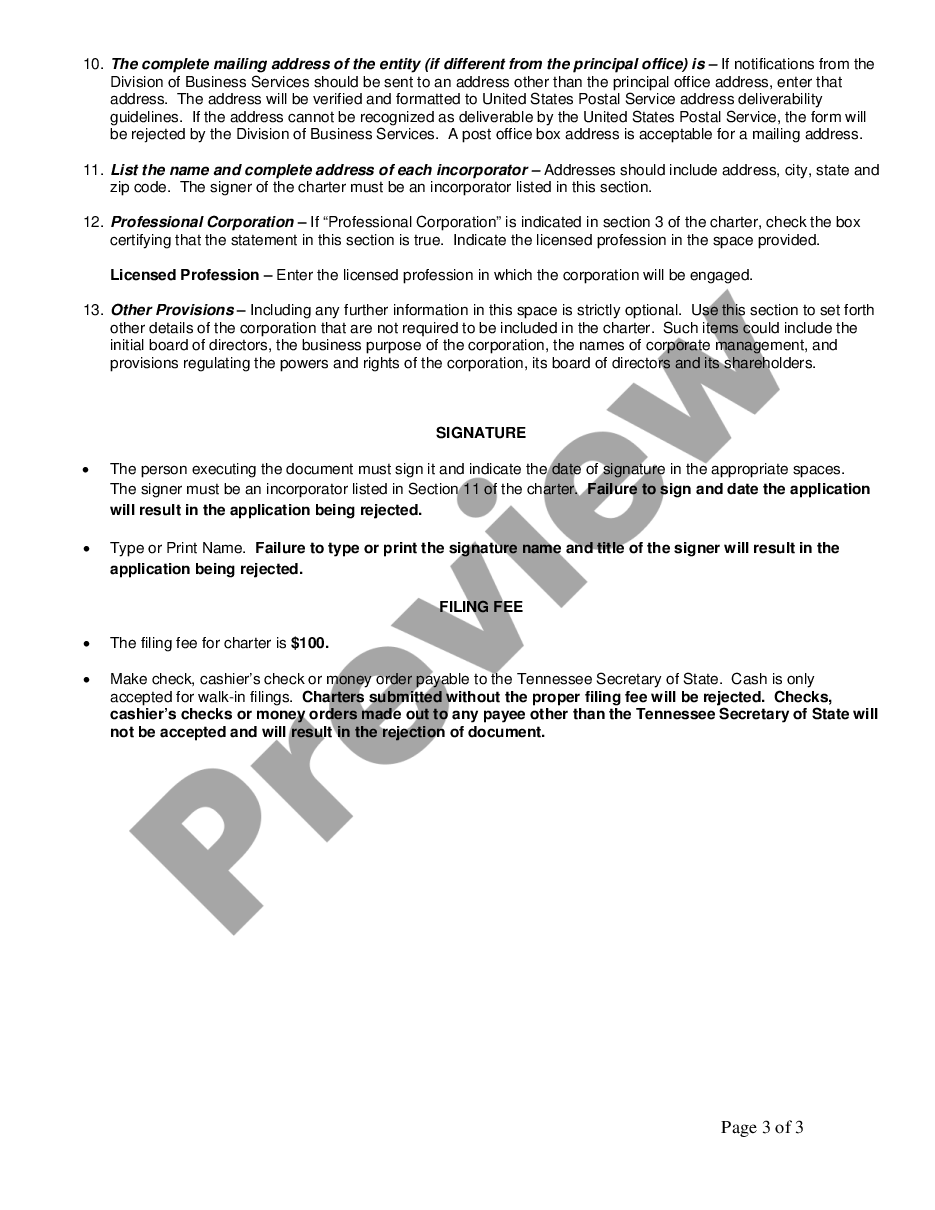 page 2 Tennessee Corporate Charter for Professional Corporation preview