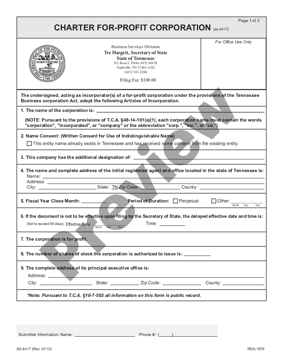 page 3 Tennessee Corporate Charter for Professional Corporation preview