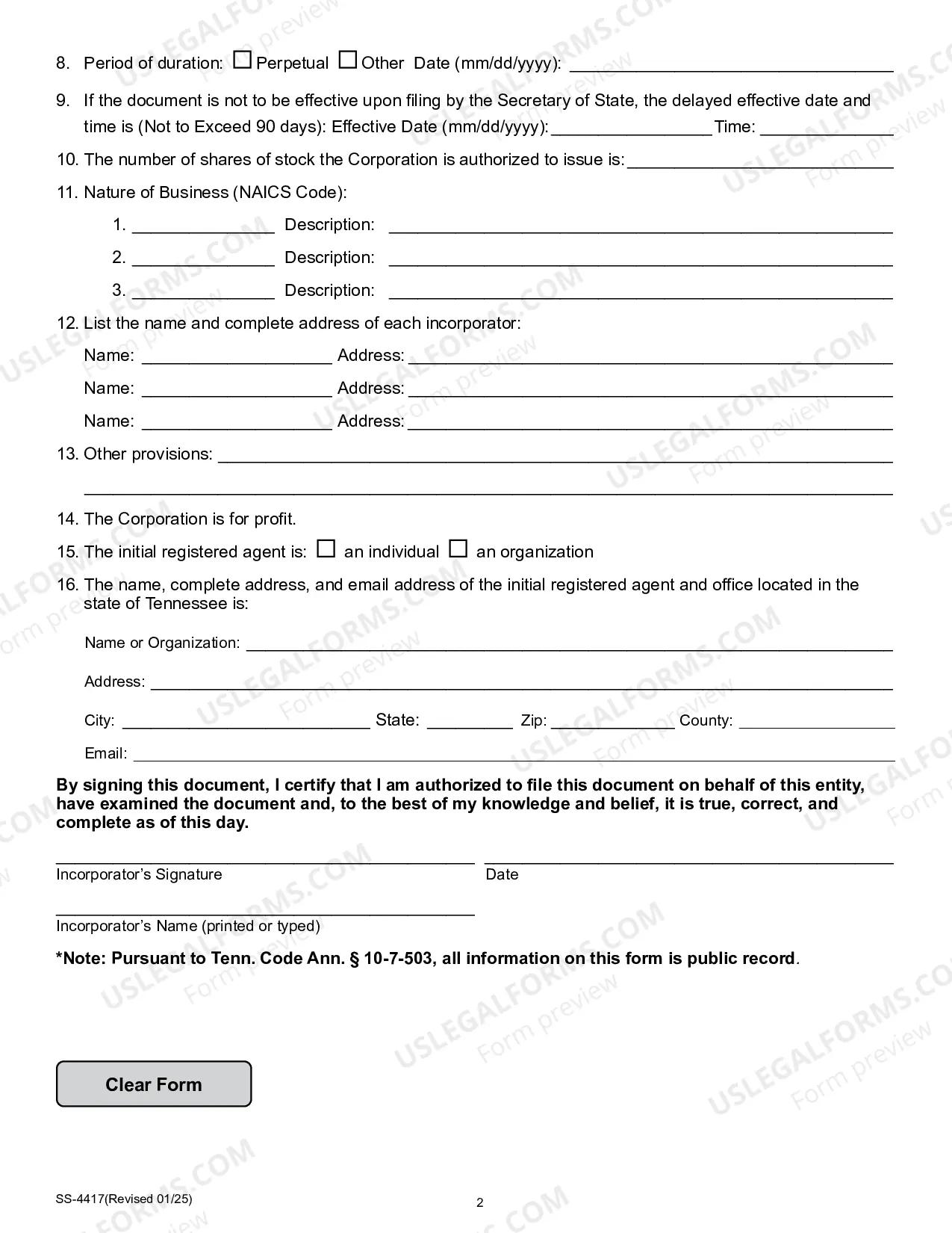 Preview Tennessee Corporate Charter for Professional Corporation