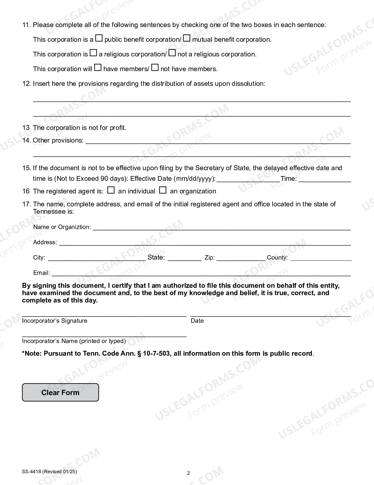 Preview Tennessee Charter of Incorporation for Domestic Nonprofit Corporation