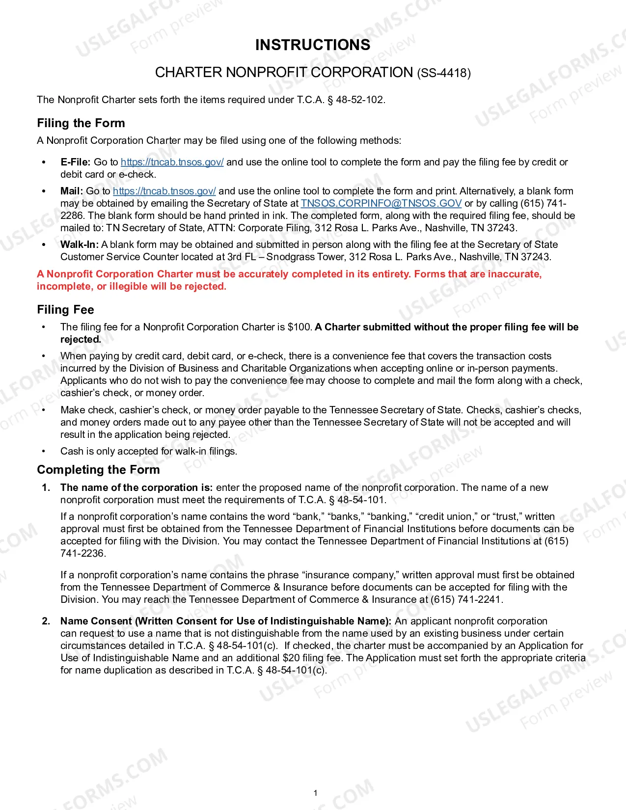 Preview Tennessee Charter of Incorporation for Domestic Nonprofit Corporation