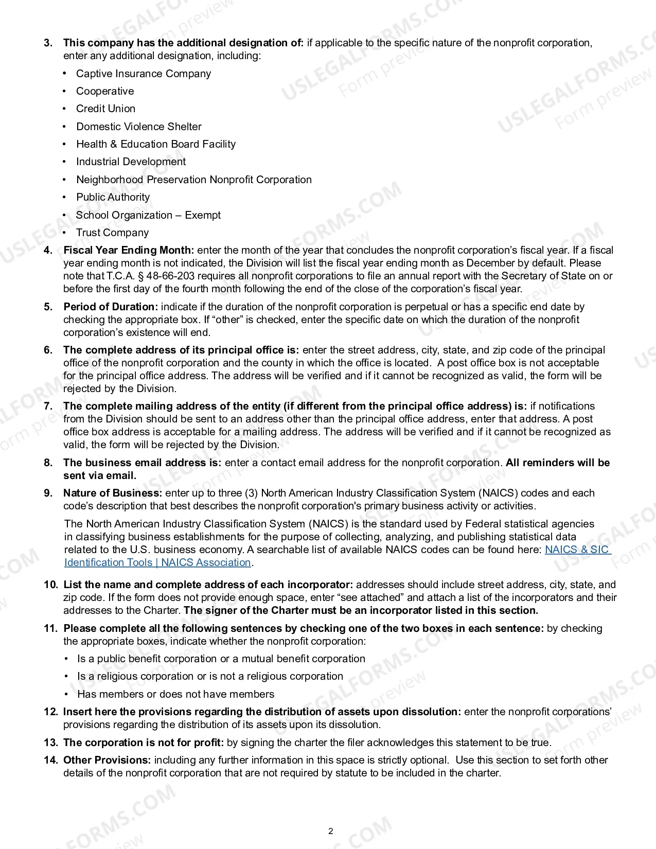 Preview Tennessee Charter of Incorporation for Domestic Nonprofit Corporation